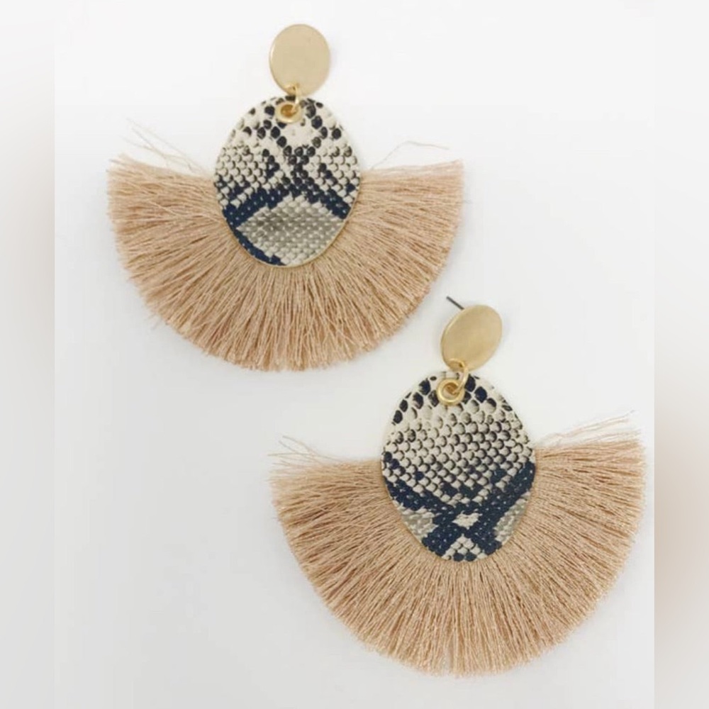 New! Snake Skin Fan Tassel Earrings